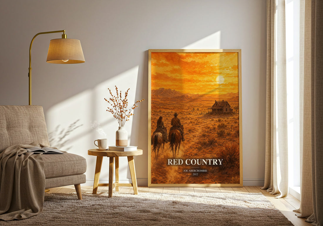 Red Country watercolour print in frame leaning in hallway – fantasy wall art (mockup)