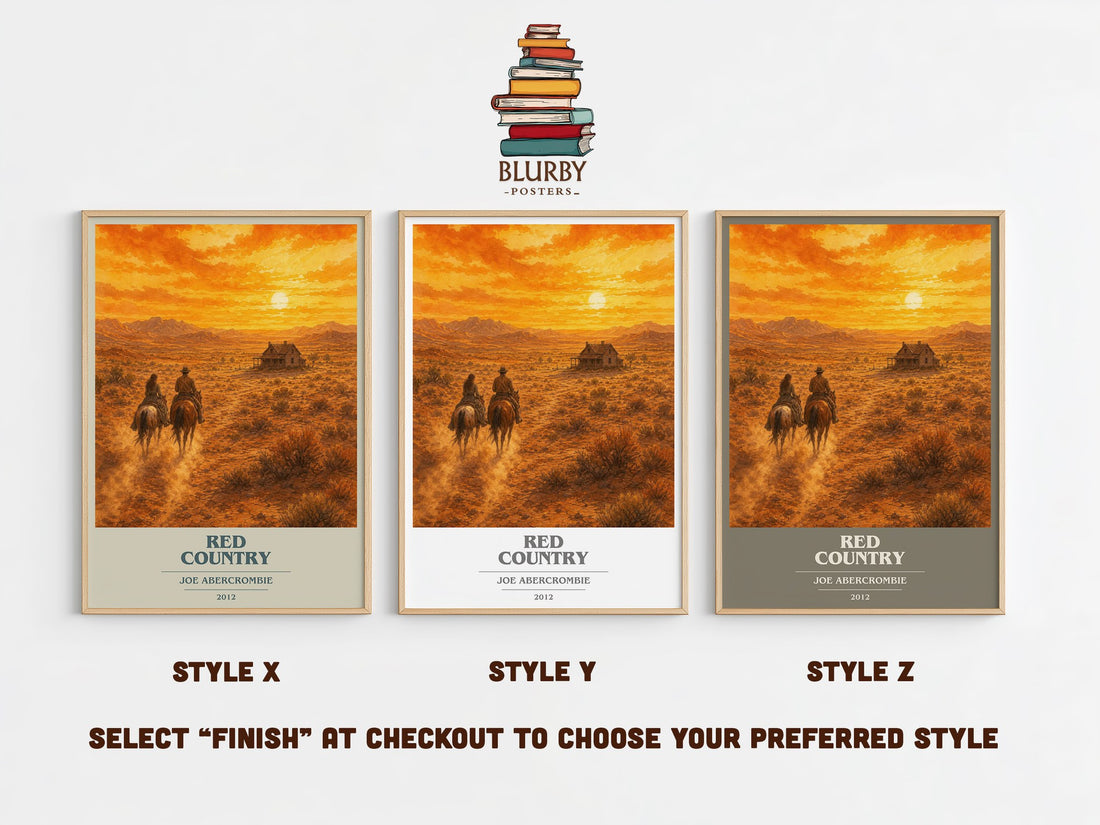 Red Country book cover print in frame leaning in hallway – fantasy wall art (mockup)