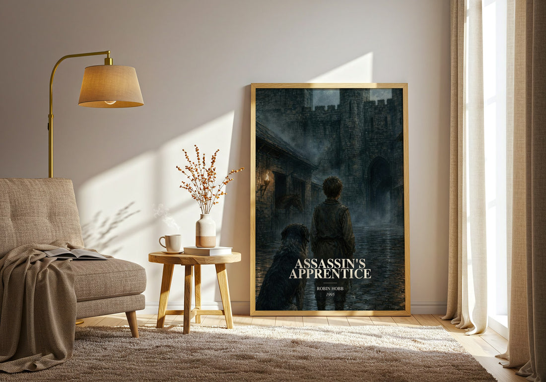 Assassin's Apprentice watercolour print in frame leaning in hallway – fantasy wall art (mockup)