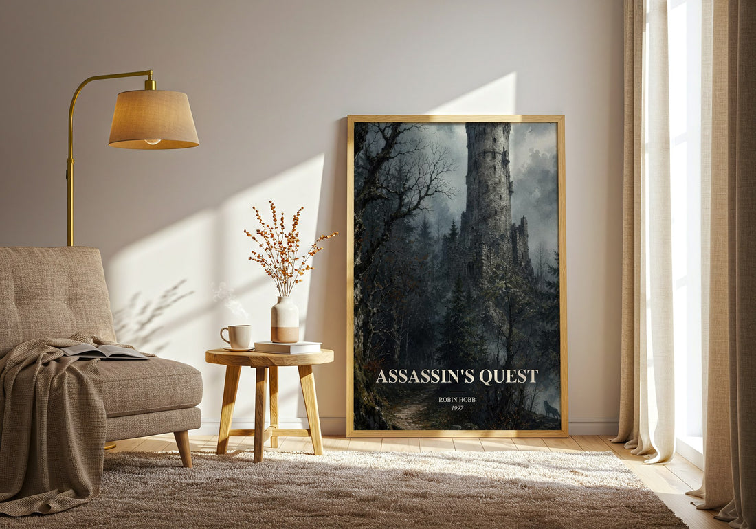 Assassin's Quest watercolour print in frame leaning in hallway – fantasy wall art (mockup)