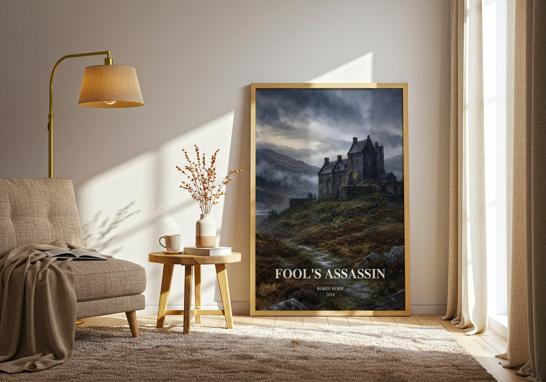 Fool's Assassin watercolour print in frame leaning in hallway – fantasy wall art (mockup)