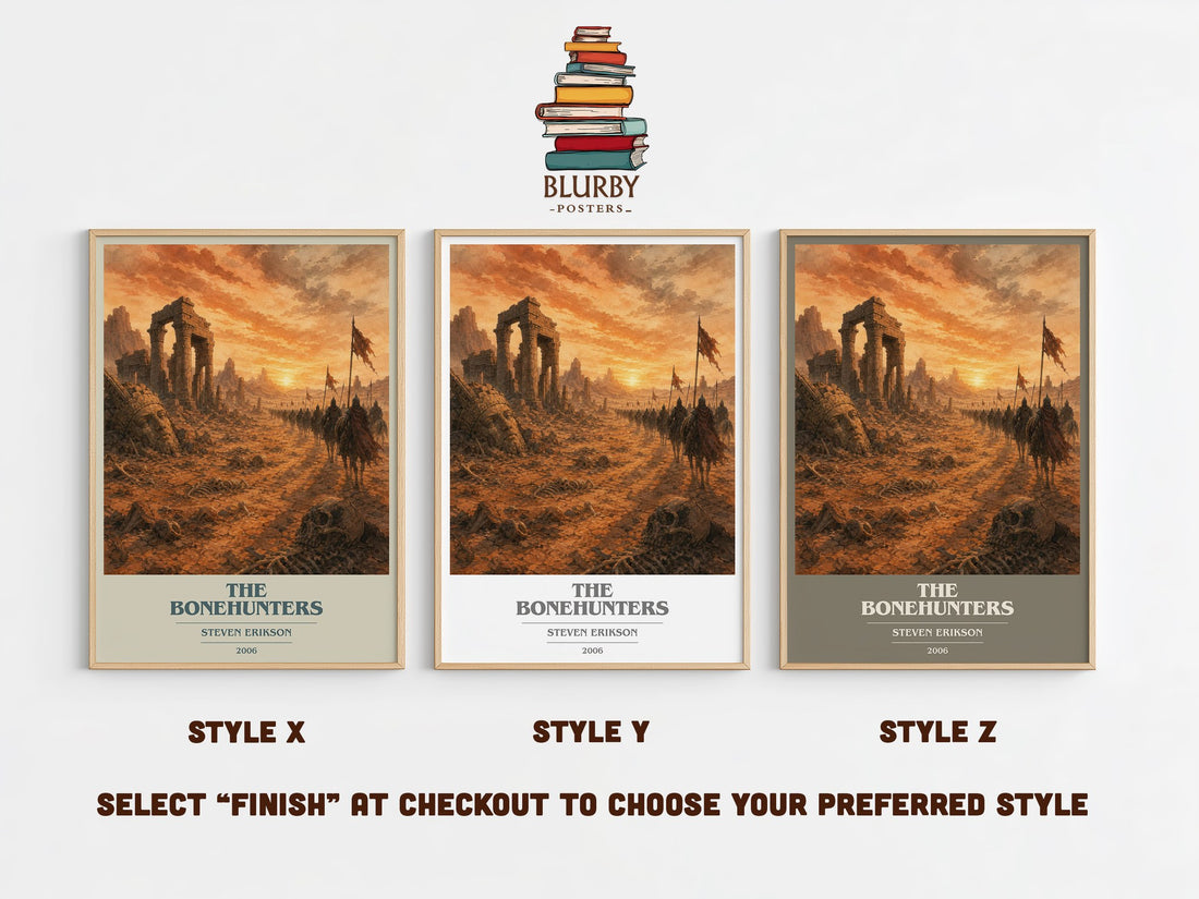 The Bonehunters book cover print in frame leaning in hallway – fantasy wall art (mockup)