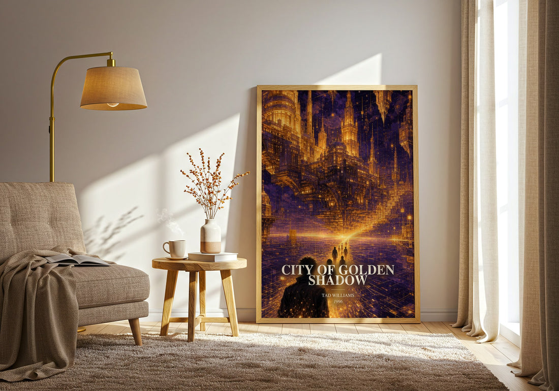 City of Golden Shadow watercolour print in frame leaning in hallway – sci fi wall art (mockup)