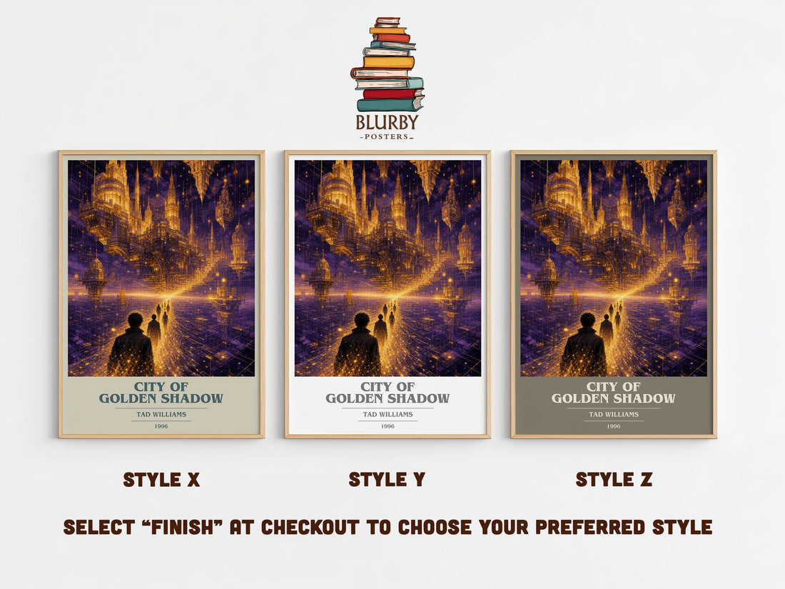 City of Golden Shadow book cover print in frame leaning in hallway – sci fi wall art (mockup)