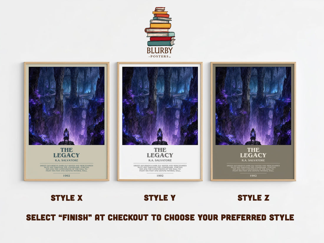 The Legacy bookish print in frame leaning in hallway – fantasy wall art (mockup)
