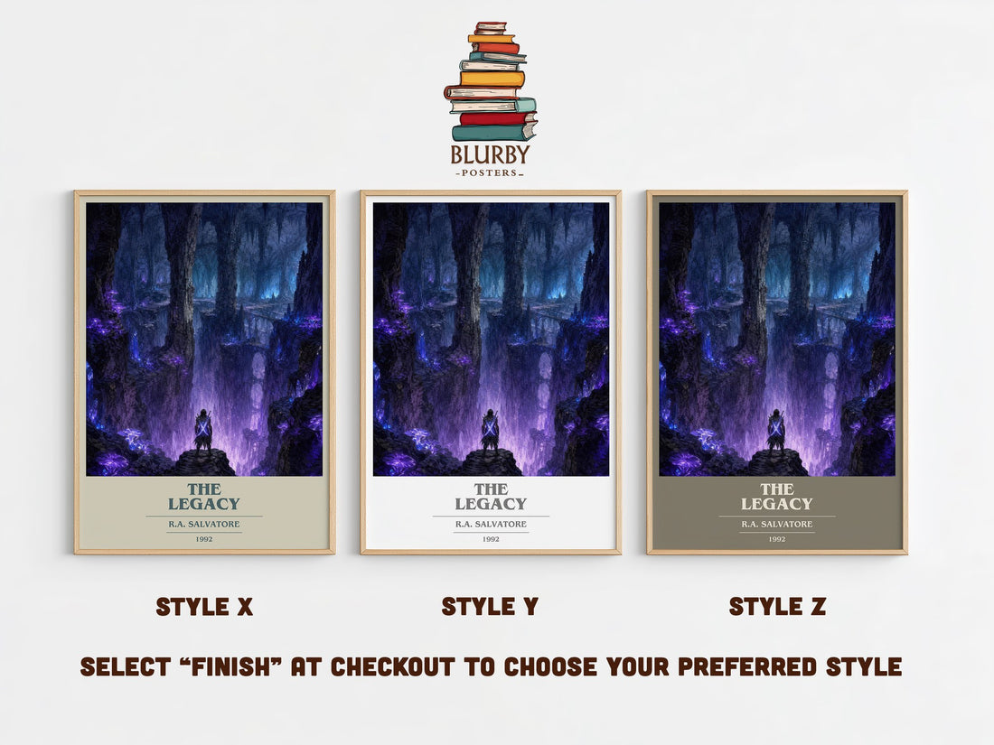 The Legacy book cover print in frame leaning in hallway – fantasy wall art (mockup)