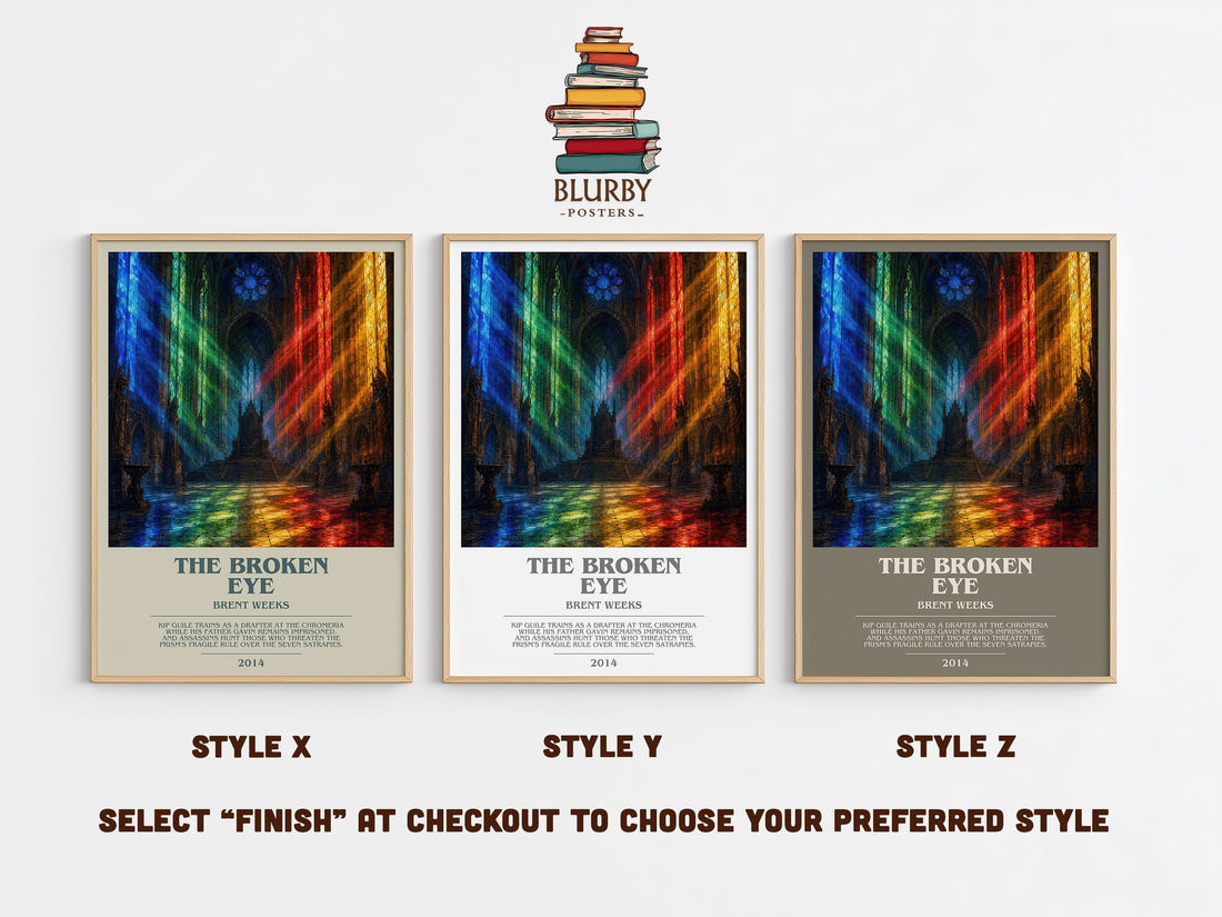 The Broken Eye bookish print in frame leaning in hallway – fantasy wall art (mockup)
