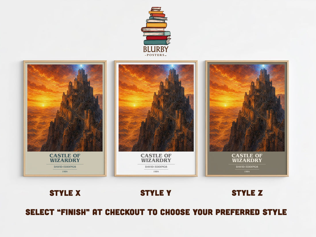 Castle of Wizardry book cover print in frame leaning in hallway – fantasy wall art (mockup)