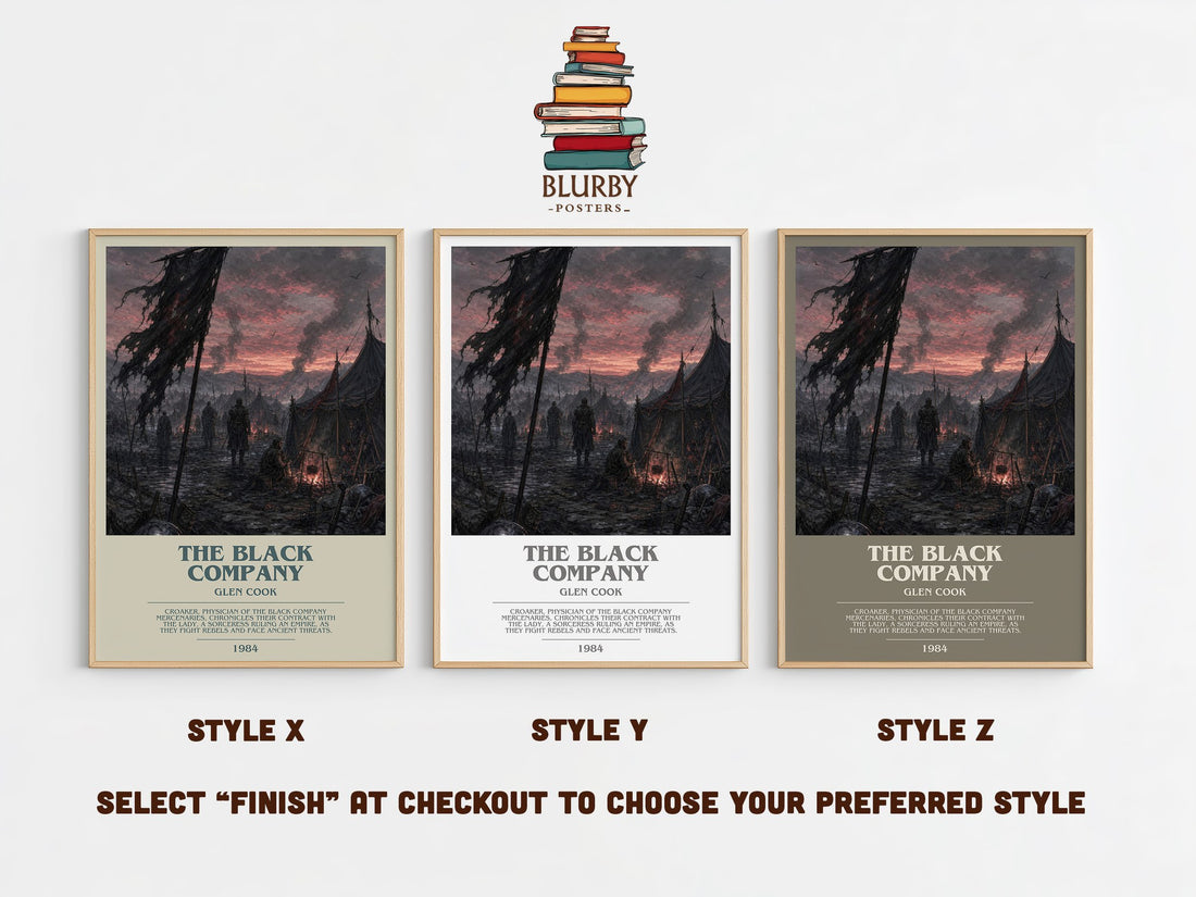 The Black Company bookish print in frame leaning in hallway – fantasy wall art (mockup)