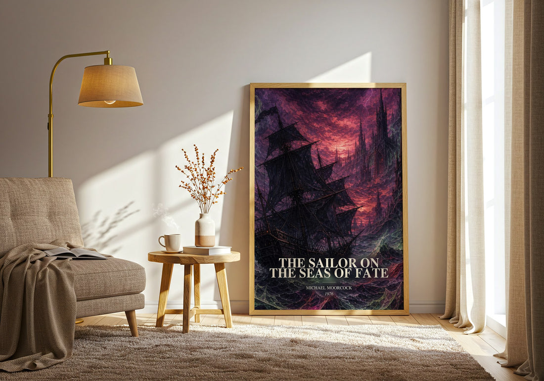 The Sailor on the Seas of Fate watercolour print in frame leaning in hallway – fantasy wall art (mockup)