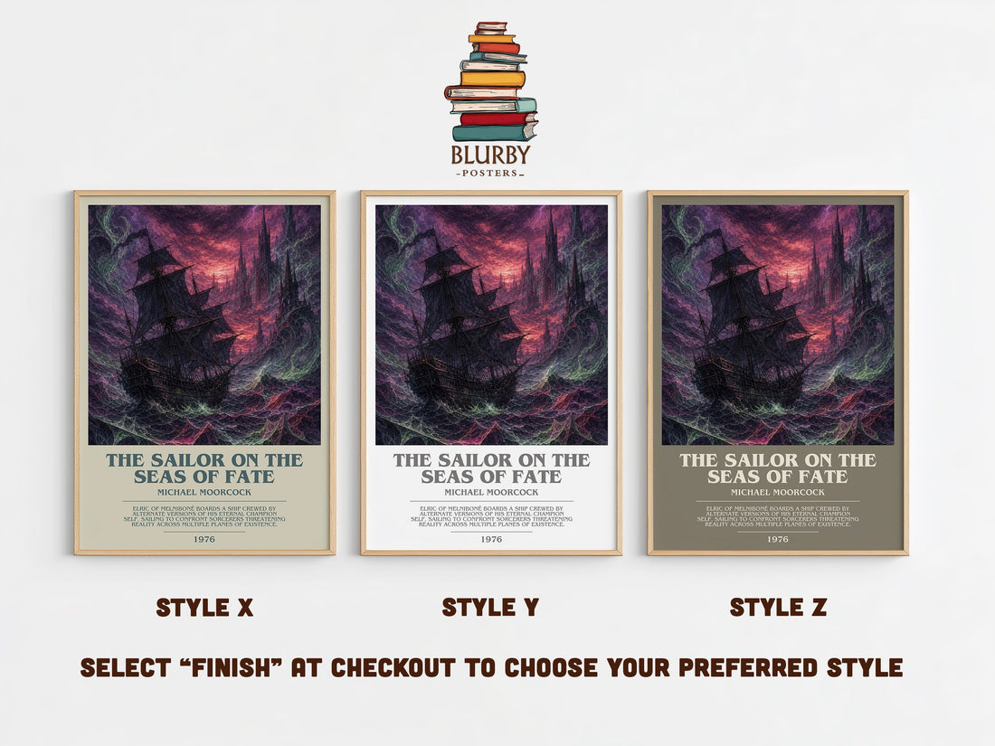 The Sailor on the Seas of Fate bookish print in frame leaning in hallway – fantasy wall art (mockup)