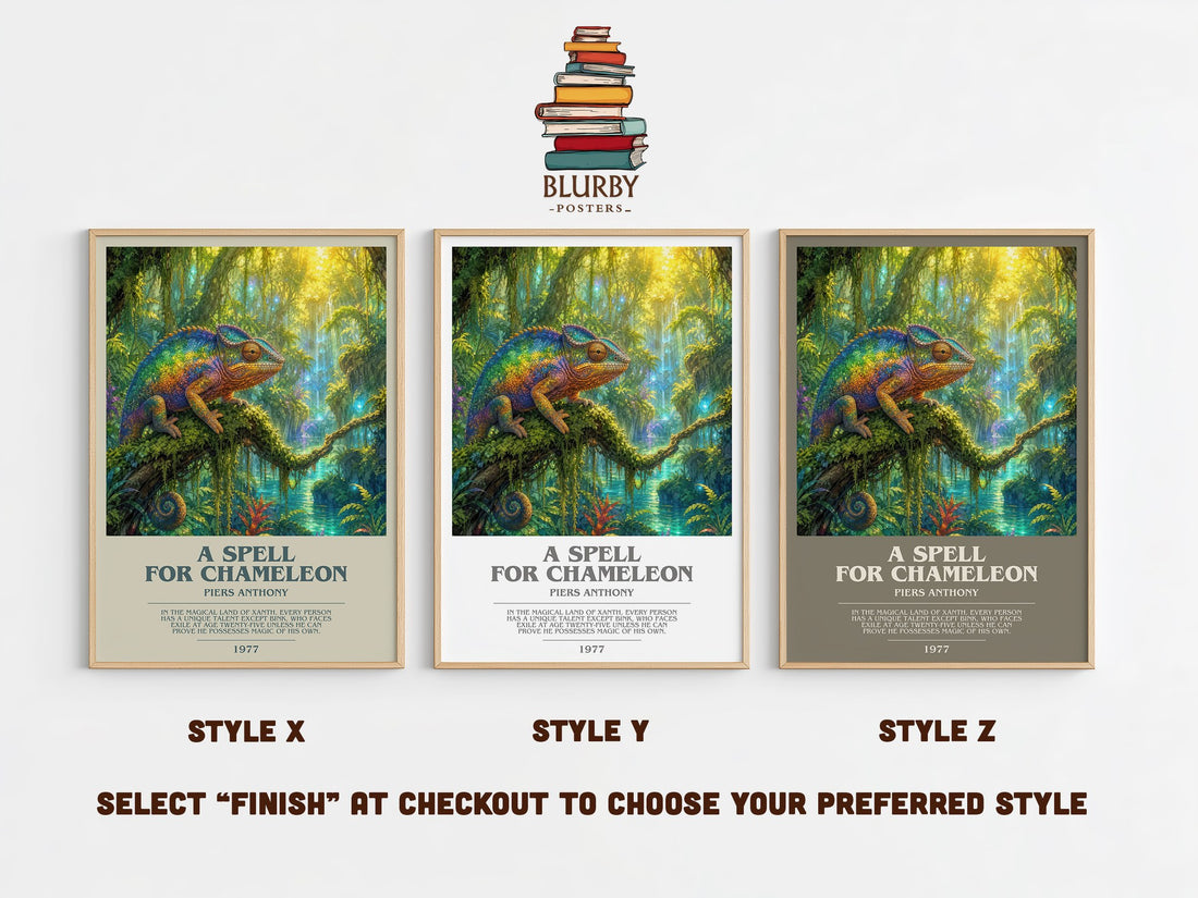A Spell for Chameleon bookish print in frame leaning in hallway – fantasy wall art (mockup)