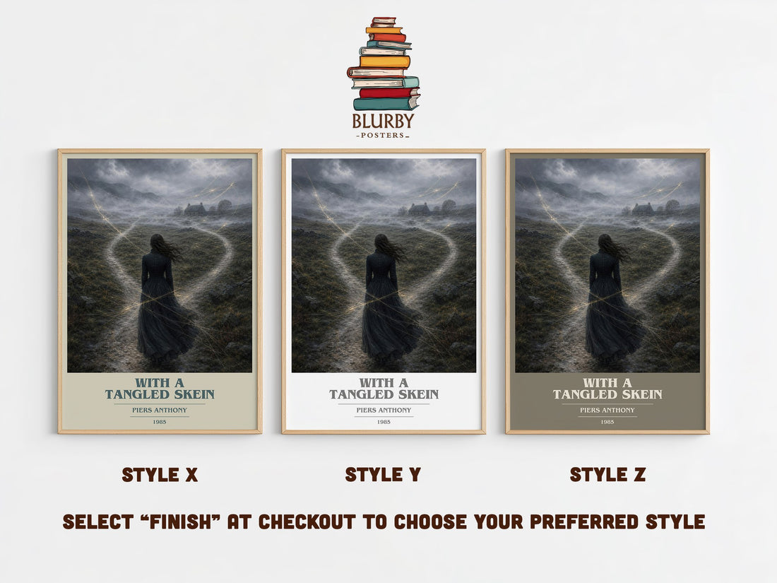 With a Tangled Skein book cover print in frame leaning in hallway – fantasy wall art (mockup)