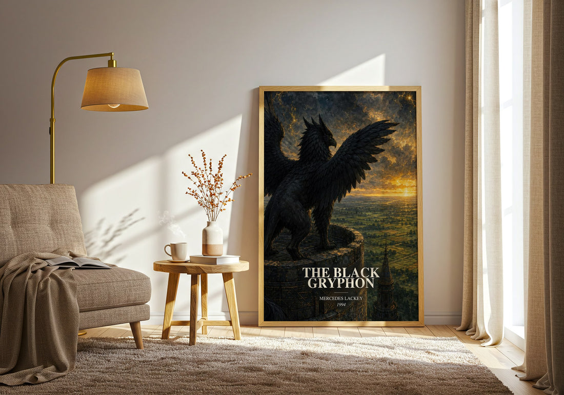 The Black Gryphon watercolour print in frame leaning in hallway – fantasy wall art (mockup)