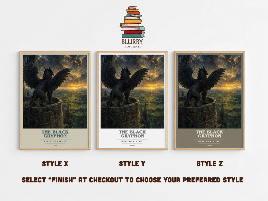 The Black Gryphon book cover print in frame leaning in hallway – fantasy wall art (mockup)