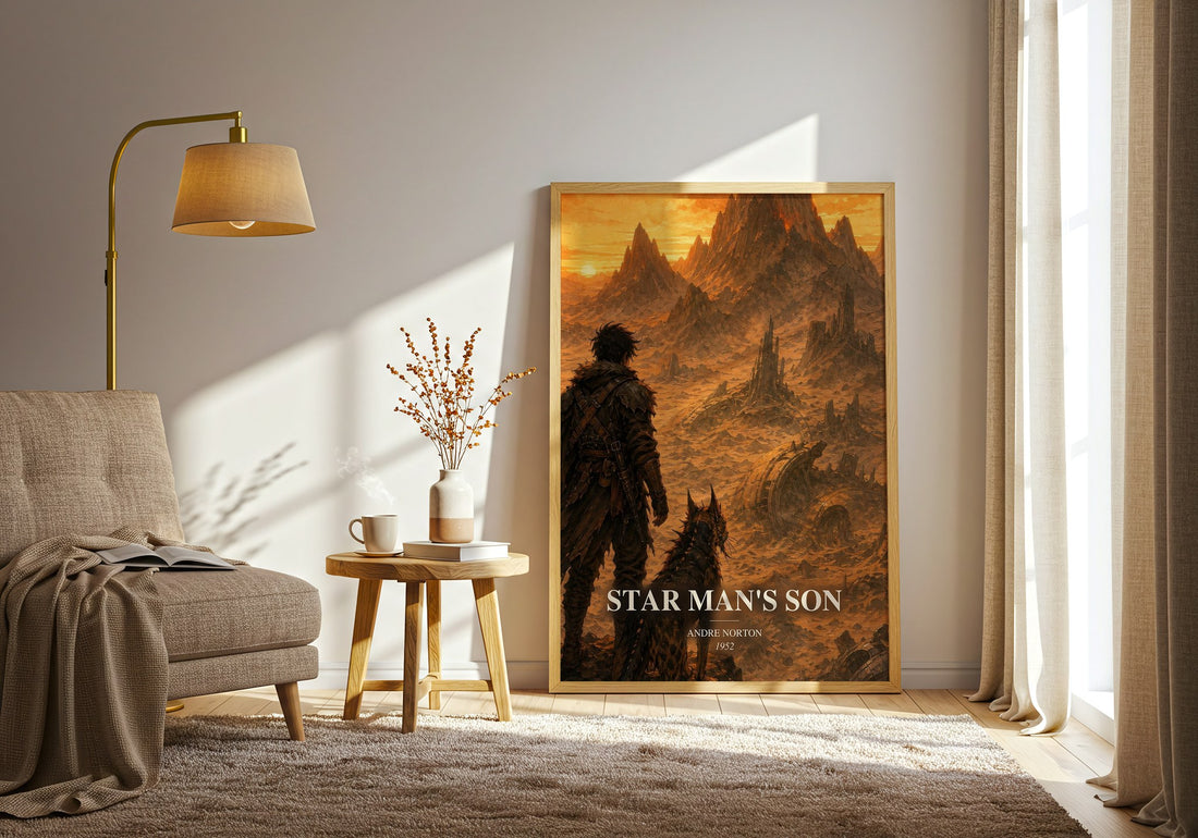 Star Man's Son watercolour print in frame leaning in hallway – sci fi wall art (mockup)