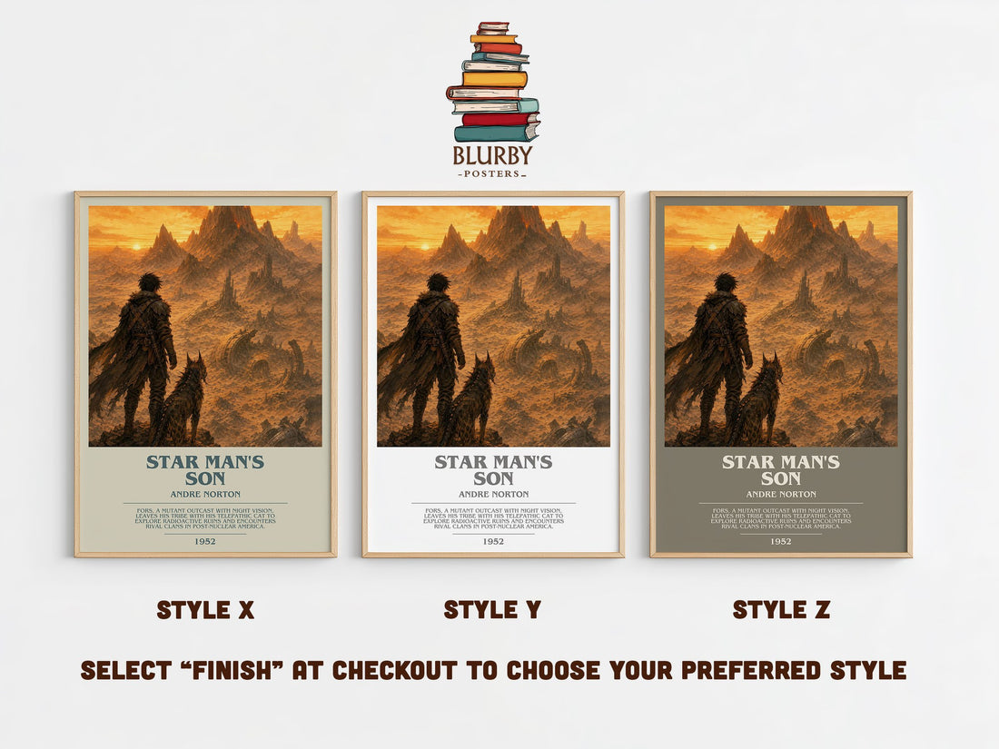 Star Man's Son bookish print in frame leaning in hallway – sci fi wall art (mockup)