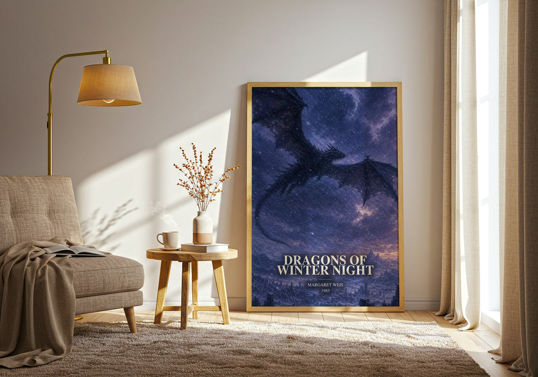 Dragons of Winter Night watercolour print in frame leaning in hallway – fantasy wall art (mockup)