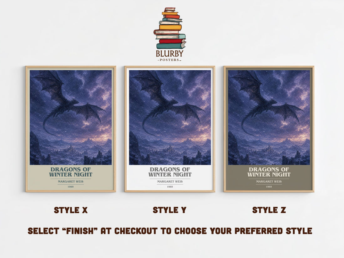 Dragons of Winter Night book cover print in frame leaning in hallway – fantasy wall art (mockup)