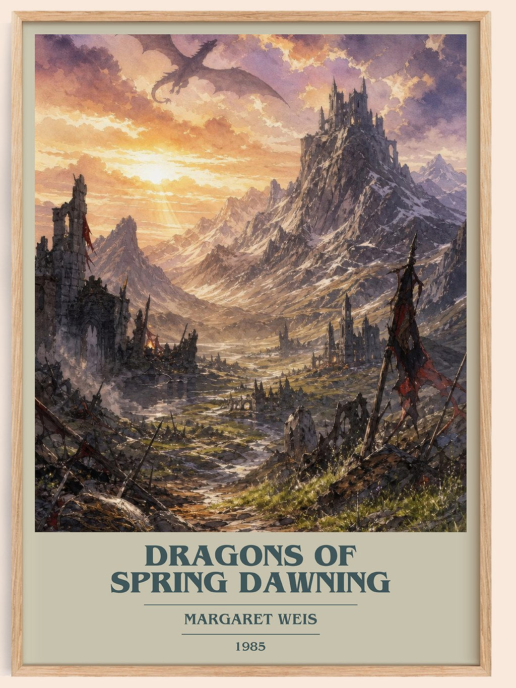Dragons of Spring Dawning book cover book poster by Margaret Weis – framed literary art print