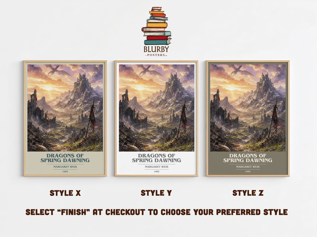 Dragons of Spring Dawning book cover print in frame leaning in hallway – fantasy wall art (mockup)