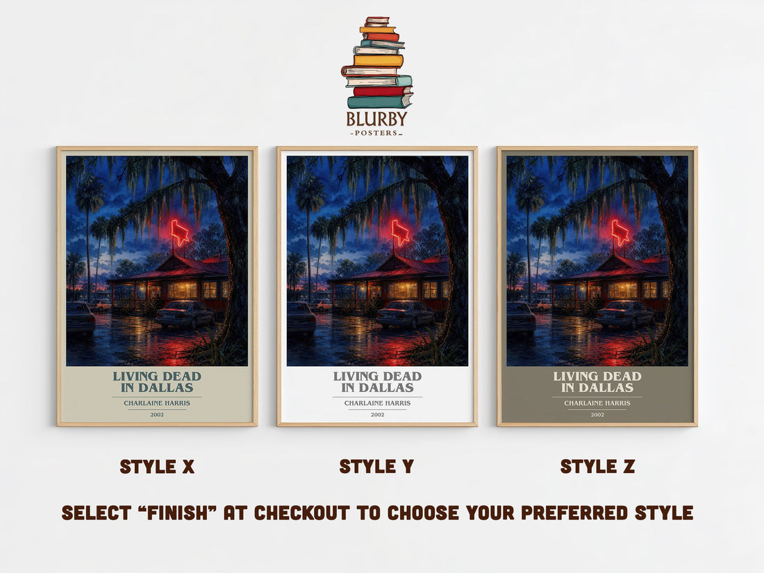 Living Dead in Dallas book cover print in frame leaning in hallway – fantasy wall art (mockup)