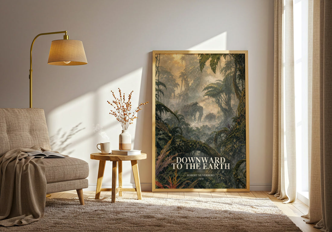 Downward to the Earth watercolour print in frame leaning in hallway – sci fi wall art (mockup)