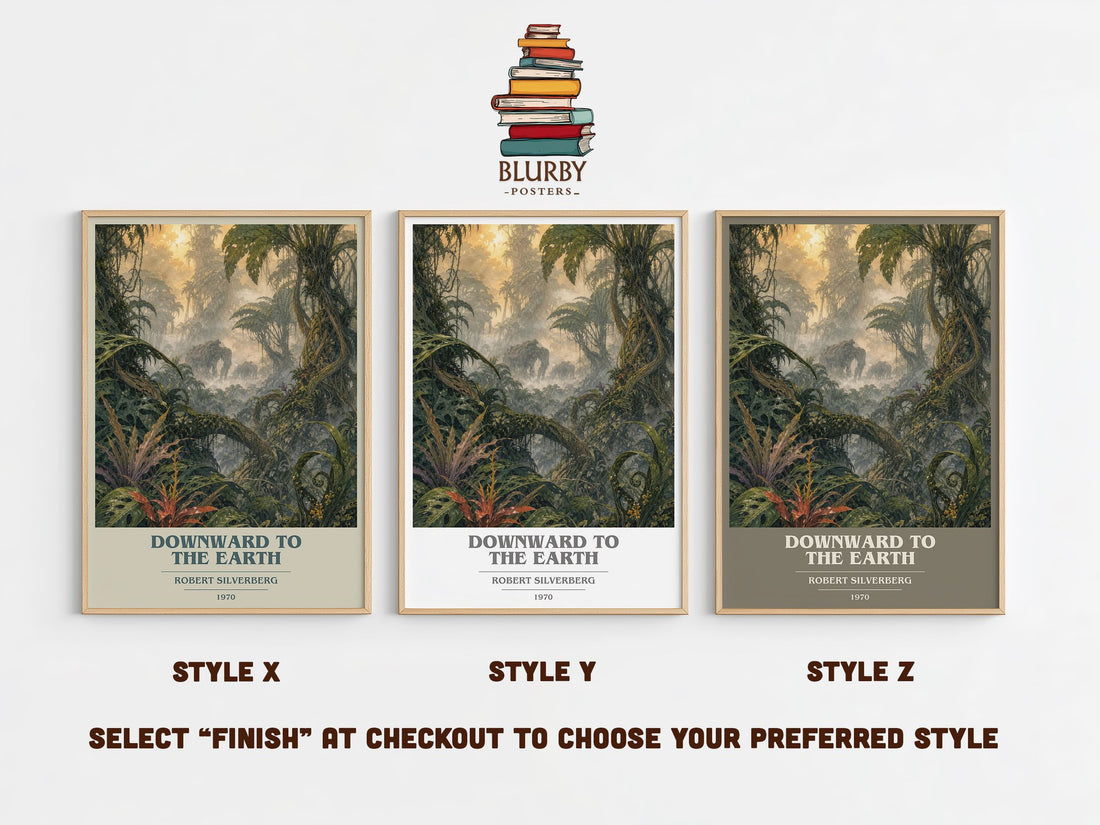Downward to the Earth book cover print in frame leaning in hallway – sci fi wall art (mockup)