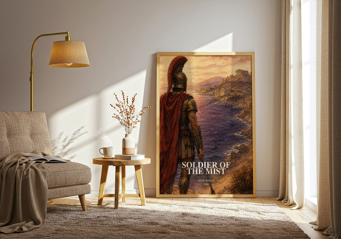 Soldier of the Mist watercolour print in frame leaning in hallway – fantasy wall art (mockup)