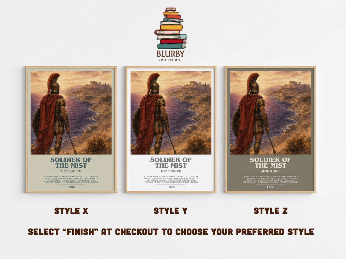 Soldier of the Mist bookish print in frame leaning in hallway – fantasy wall art (mockup)