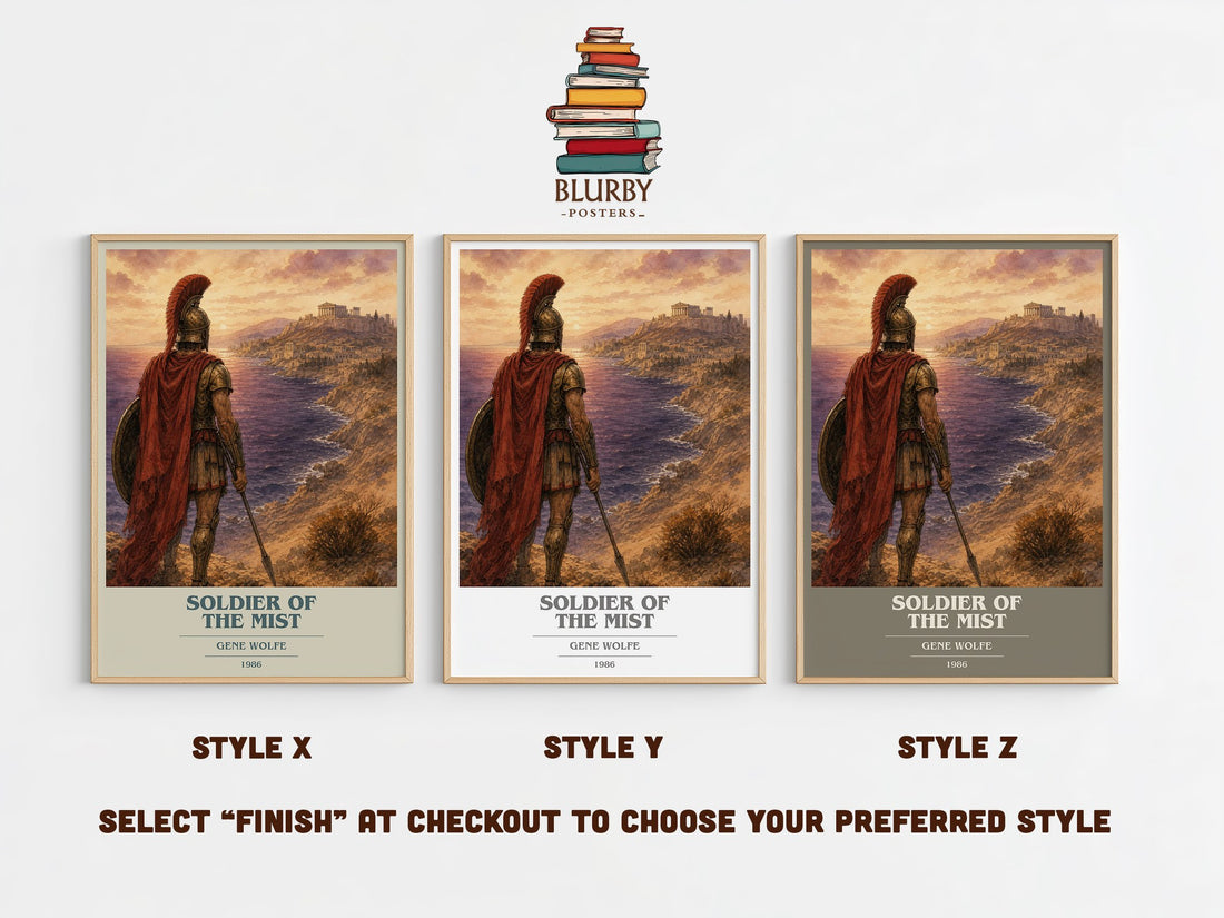 Soldier of the Mist book cover print in frame leaning in hallway – fantasy wall art (mockup)