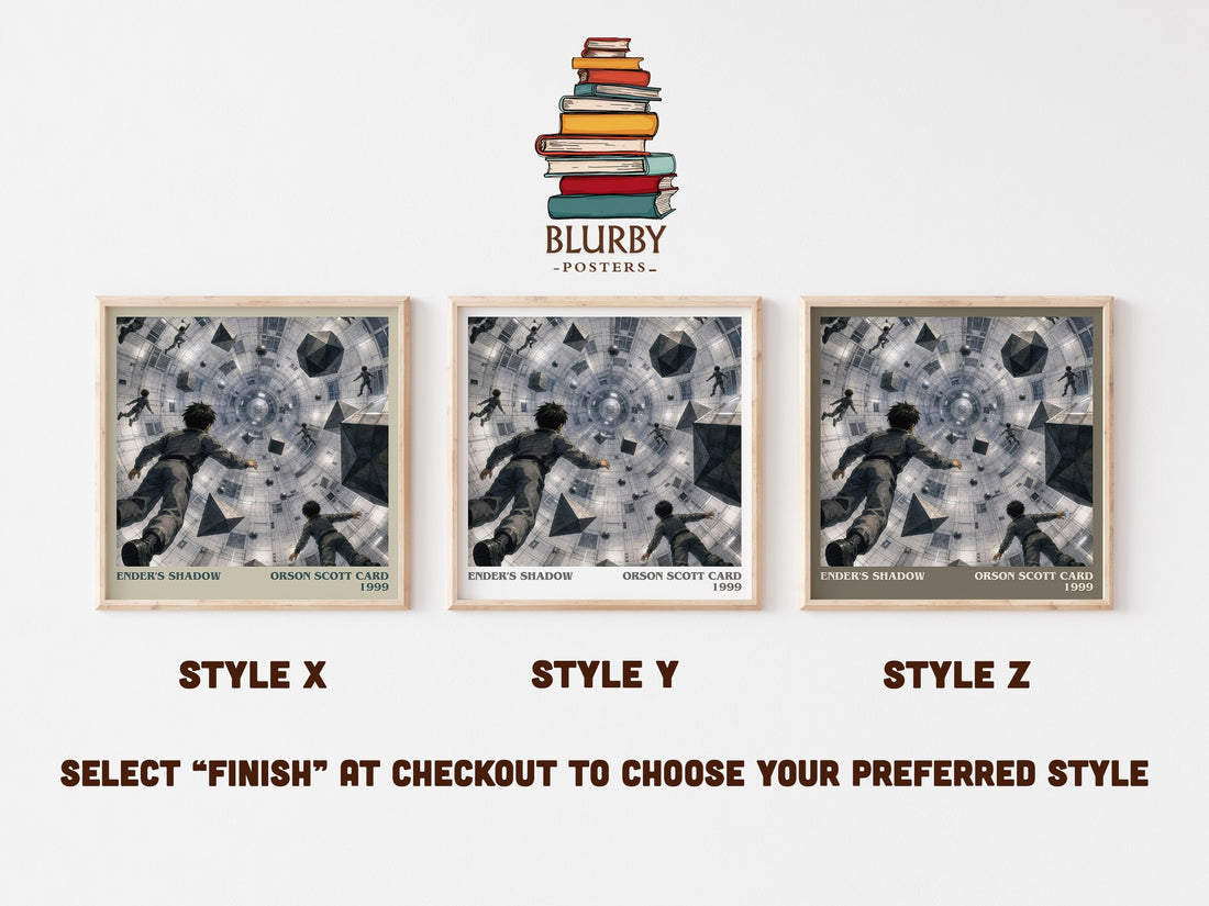 Ender's Shadow literary print in frame leaning in hallway – sci fi wall art (mockup)