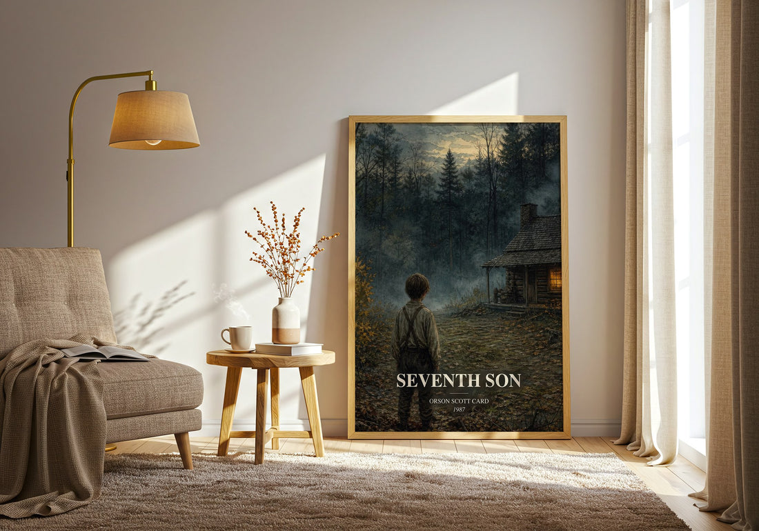 Seventh Son watercolour print in frame leaning in hallway – fantasy wall art (mockup)