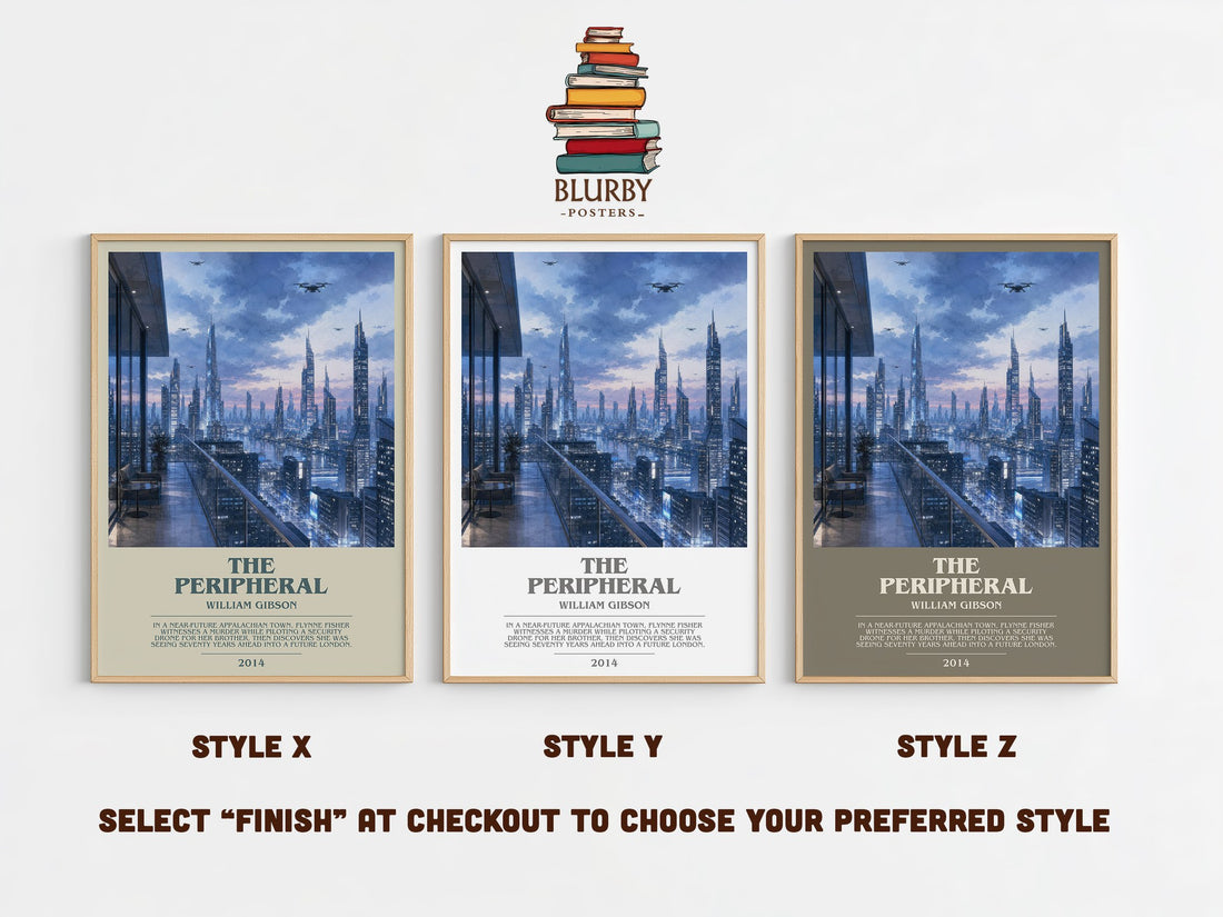 The Peripheral bookish print in frame leaning in hallway – sci fi wall art (mockup)