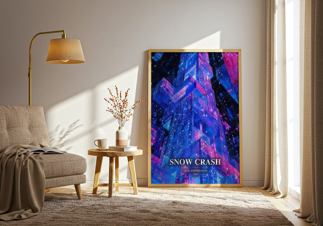 Snow Crash watercolour print in frame leaning in hallway – sci fi wall art (mockup)