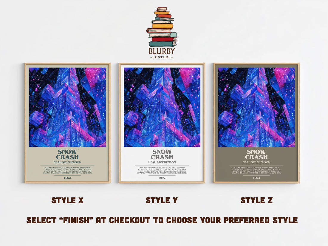 Snow Crash bookish print in frame leaning in hallway – sci fi wall art (mockup)