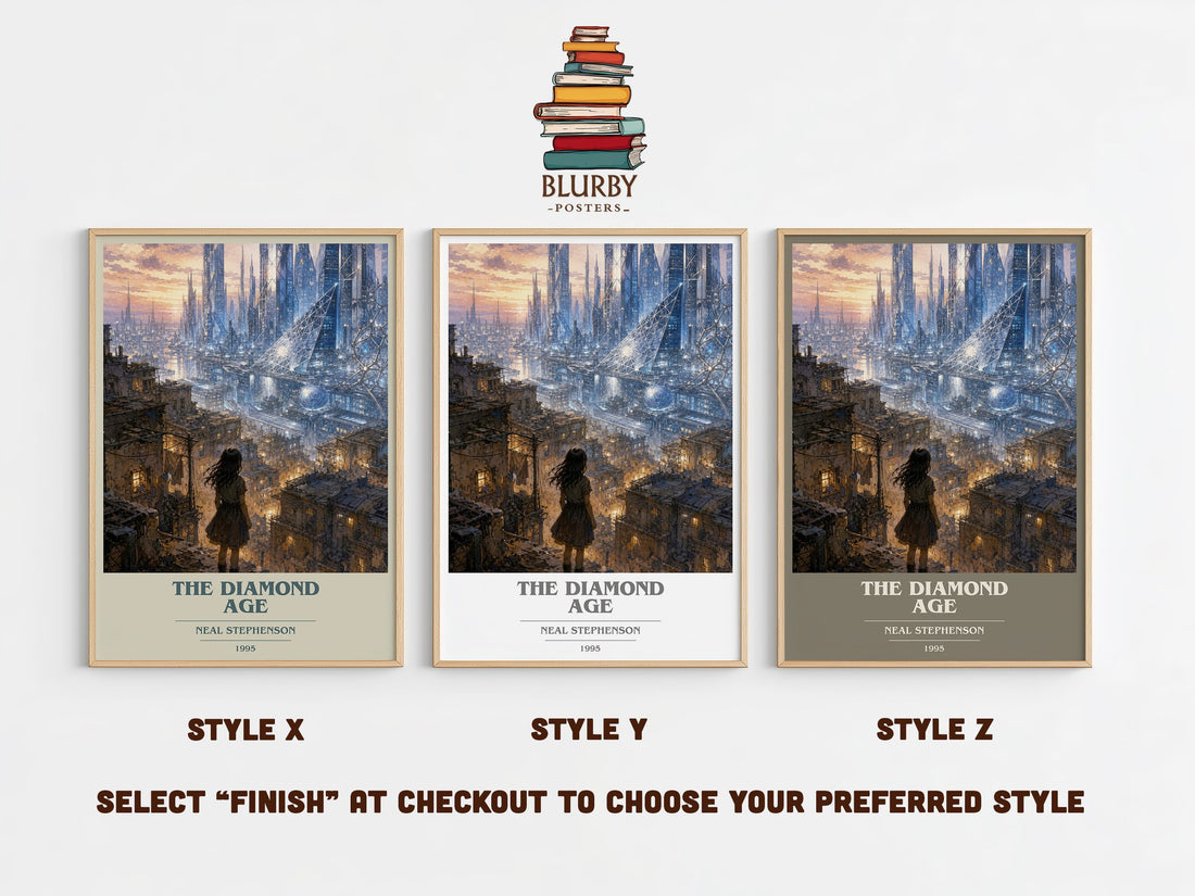 The Diamond Age book cover print in frame leaning in hallway – sci fi wall art (mockup)