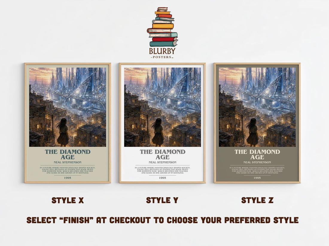 The Diamond Age bookish print in frame leaning in hallway – sci fi wall art (mockup)