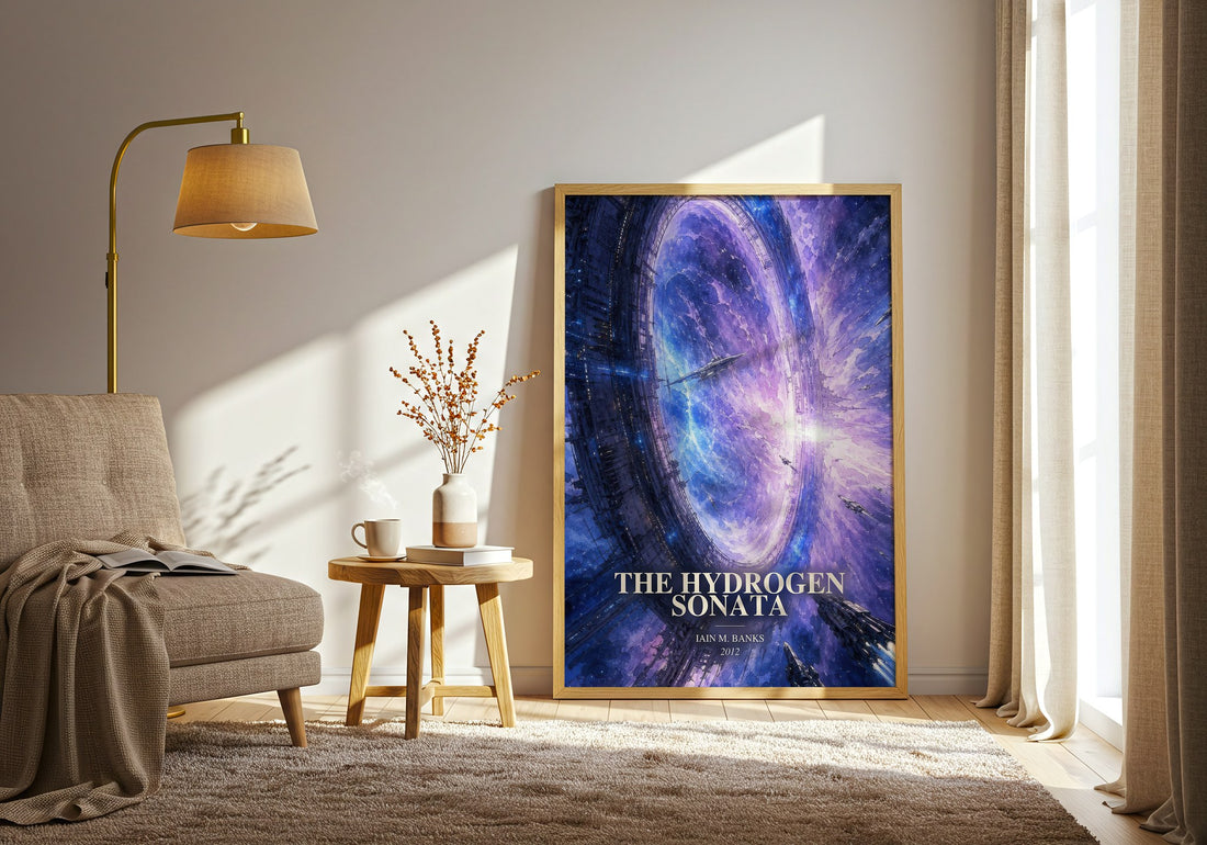 The Hydrogen Sonata watercolour print in frame leaning in hallway – sci fi wall art (mockup)