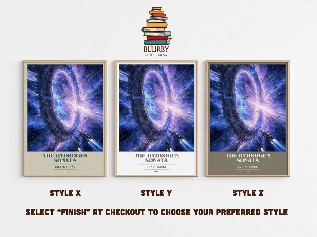 The Hydrogen Sonata book cover print in frame leaning in hallway – sci fi wall art (mockup)