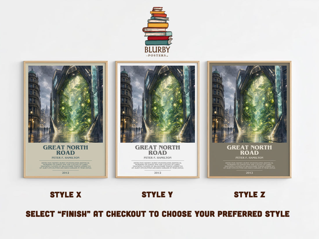 Great North Road bookish print in frame leaning in hallway – sci fi wall art (mockup)