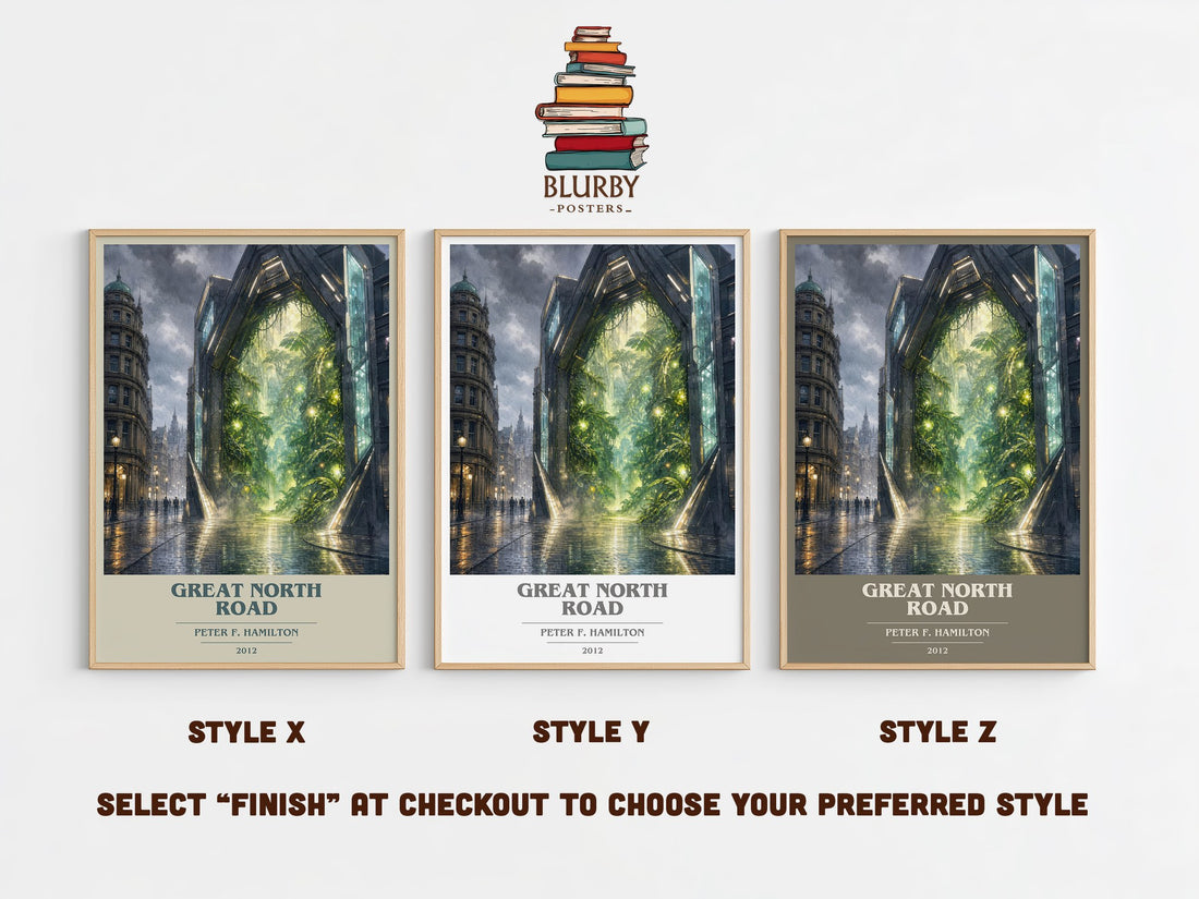 Great North Road book cover print in frame leaning in hallway – sci fi wall art (mockup)