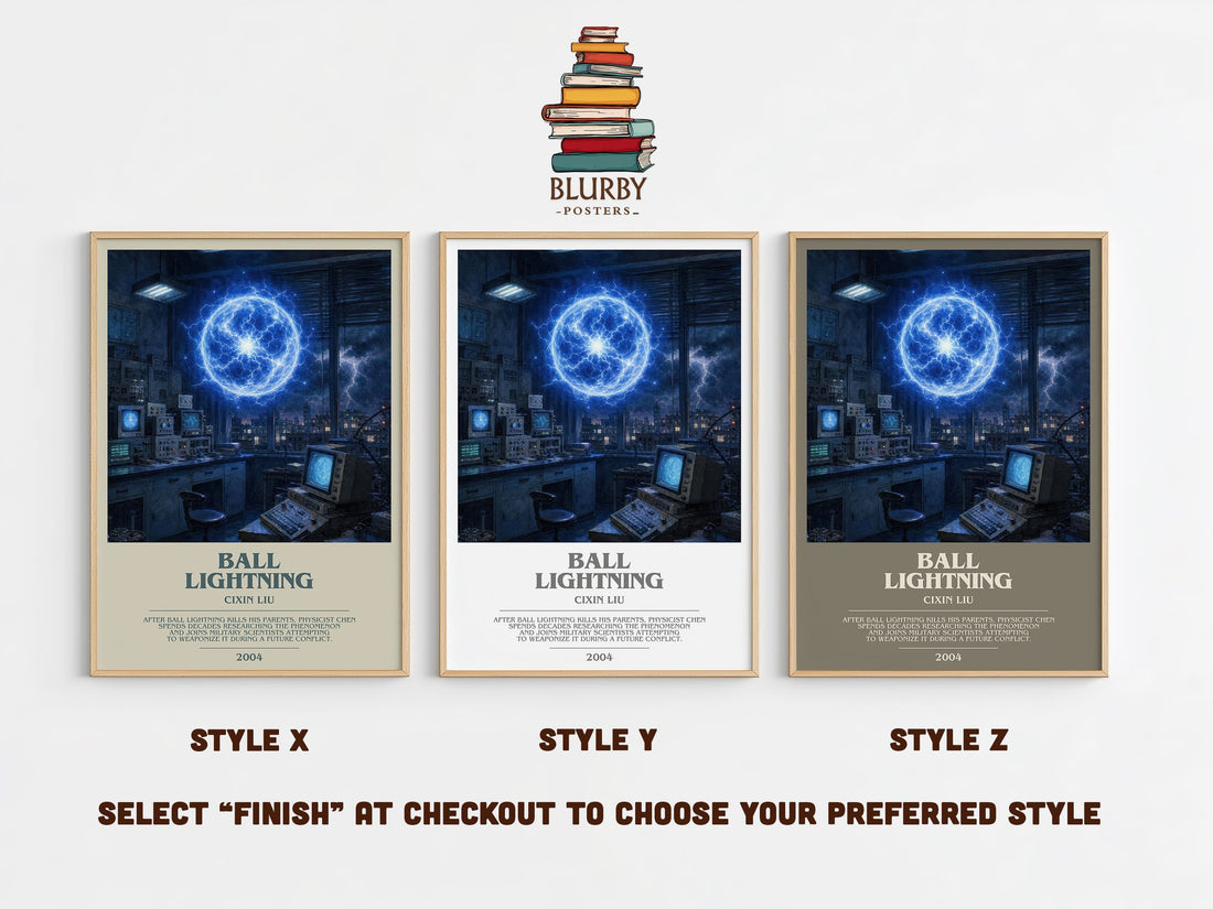Ball Lightning bookish print in frame leaning in hallway – sci fi wall art (mockup)