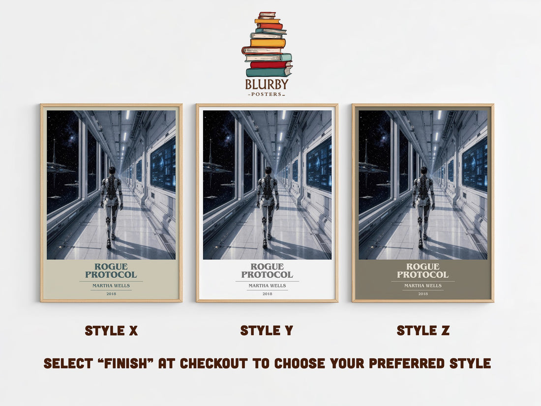 Rogue Protocol book cover print in frame leaning in hallway – sci fi wall art (mockup)