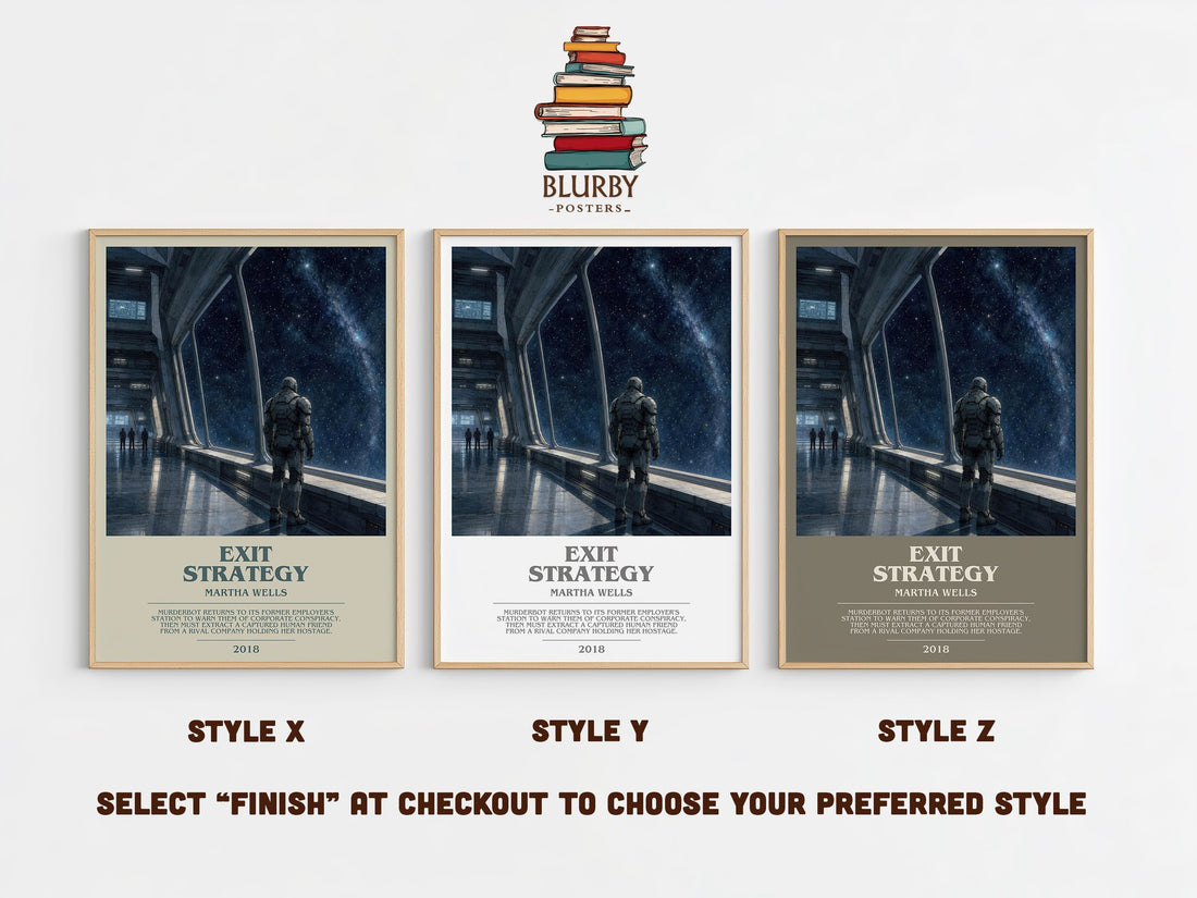 Exit Strategy bookish print in frame leaning in hallway – sci fi wall art (mockup)