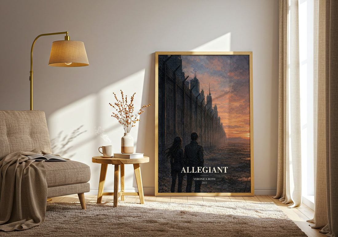 Allegiant watercolour print in frame leaning in hallway – dystopian wall art (mockup)
