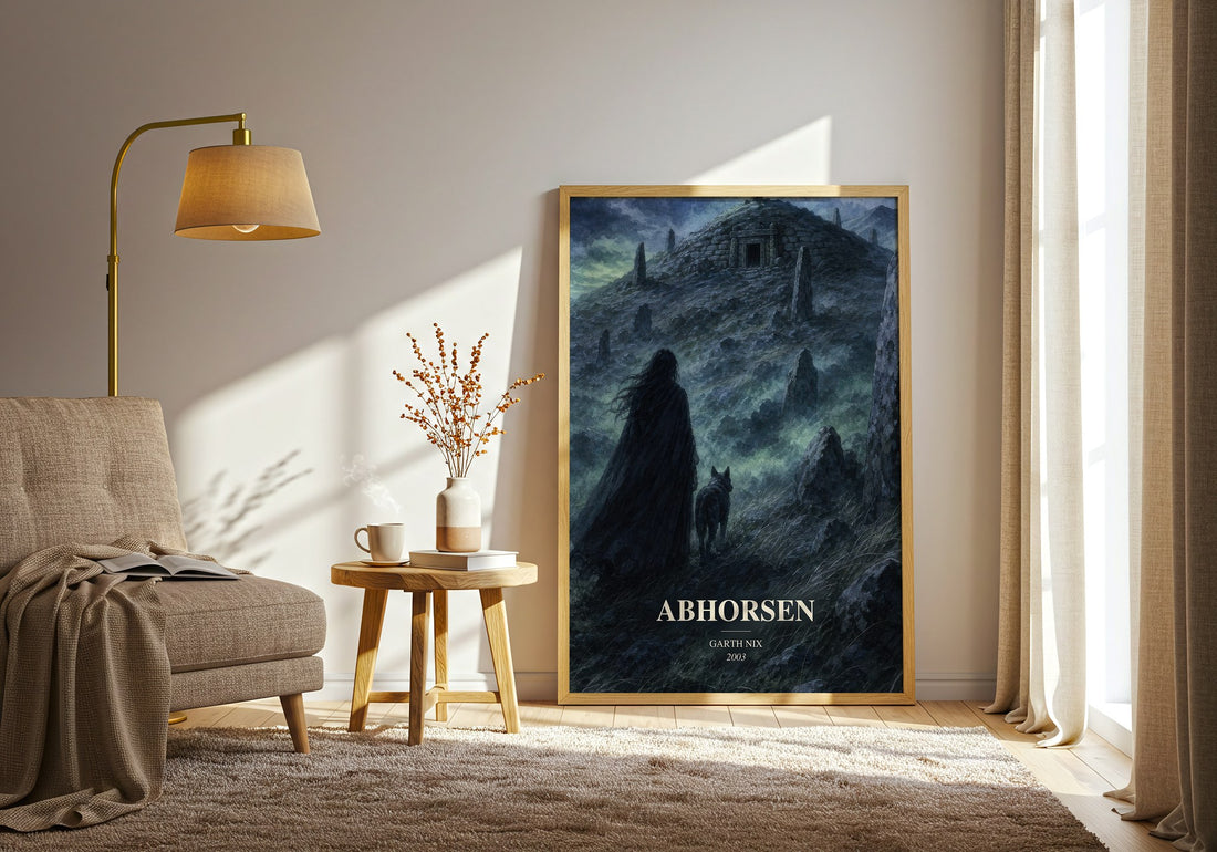 Abhorsen watercolour print in frame leaning in hallway – fantasy wall art (mockup)