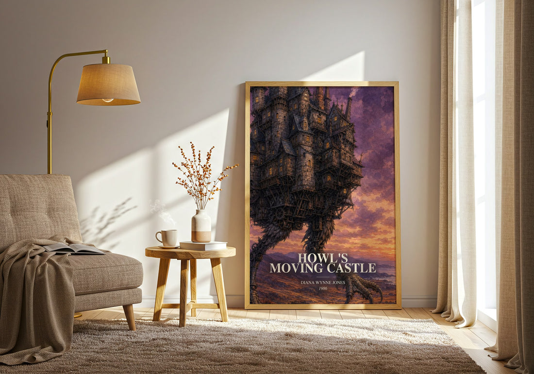 Howl's Moving Castle watercolour print in frame leaning in hallway – fantasy wall art (mockup)