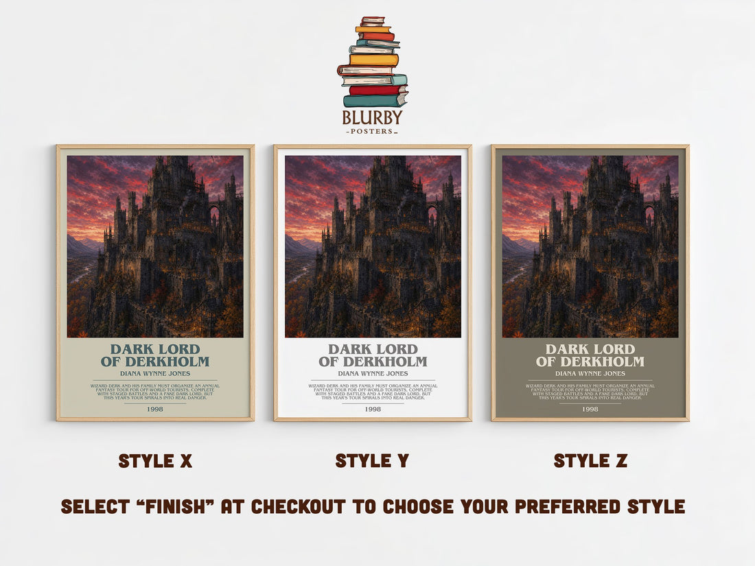 Dark Lord of Derkholm bookish print in frame leaning in hallway – fantasy wall art (mockup)