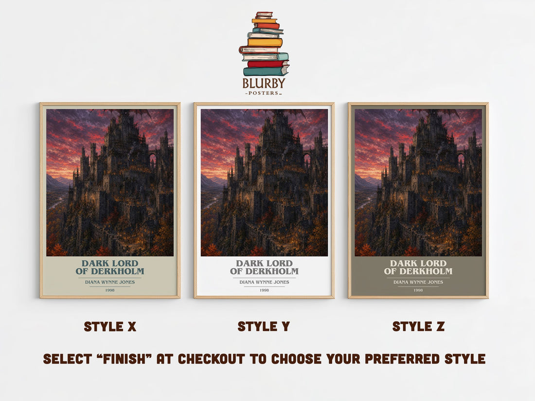 Dark Lord of Derkholm book cover print in frame leaning in hallway – fantasy wall art (mockup)